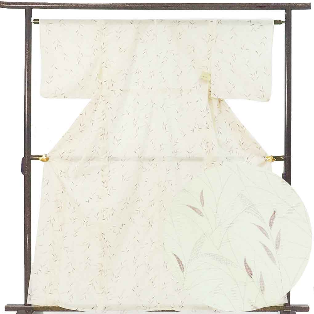 小紋 リサイクル着物 身丈163cm 裄63cm 前幅25.5cm 後幅31cm 袖丈45cm 袖幅32cm レディース 植物 裄Mサイズ 夏用 ポリエステル ホワイト 美品 リメイク リユース【ランクA】