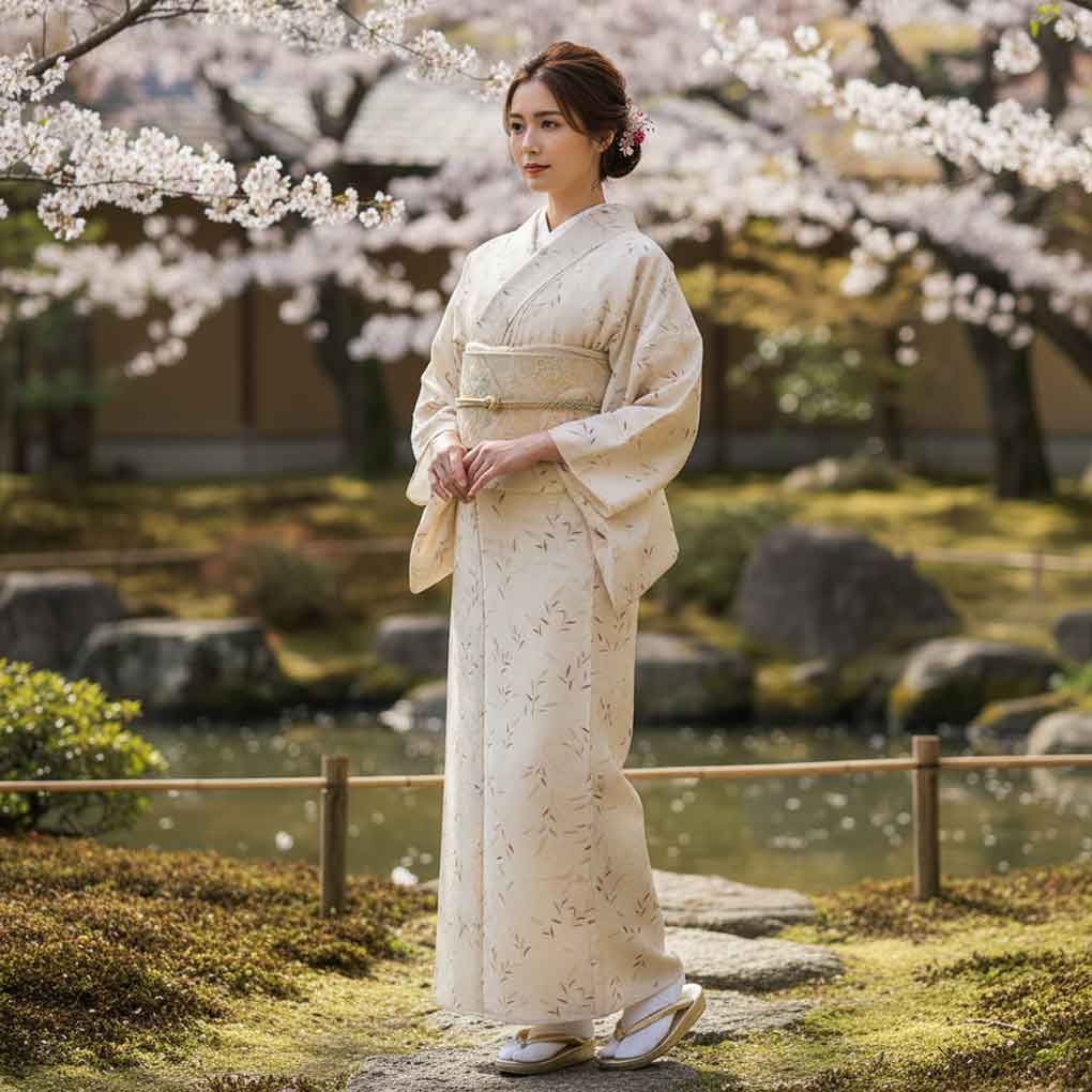 小紋 リサイクル着物 身丈163cm 裄63cm 前幅25.5cm 後幅31cm 袖丈45cm 袖幅32cm レディース 植物 裄Mサイズ 夏用 ポリエステル ホワイト 美品 リメイク リユース【ランクA】