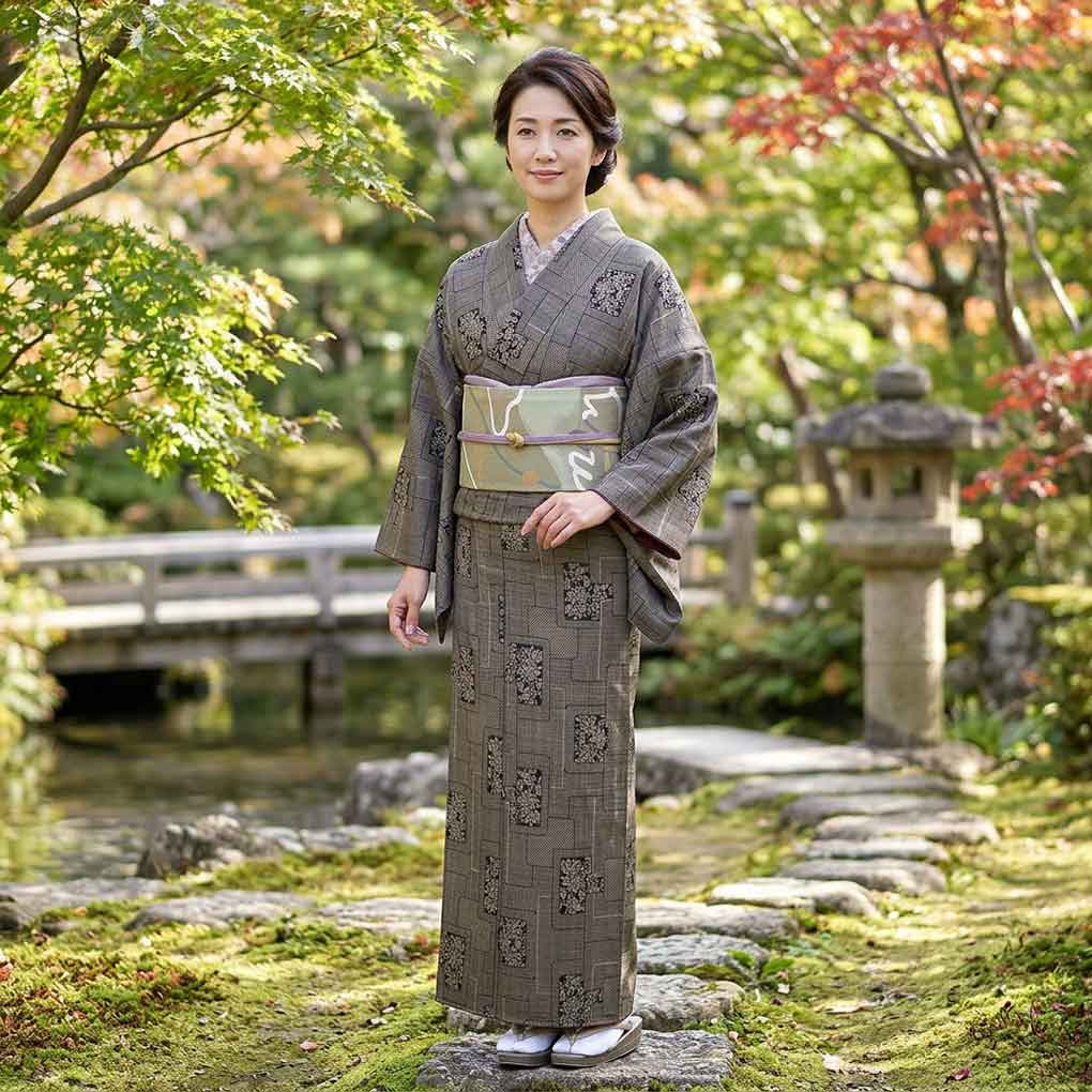 紬 リサイクル着物 身丈161cm 裄63cm 前幅22.5cm 後幅30cm 袖丈47cm 袖幅32.5cm レディース 袷 花柄 裄Mサイズ 秋冬春用 正絹（シルク）ブラウン 美品 リメイク リユース【ランクA】