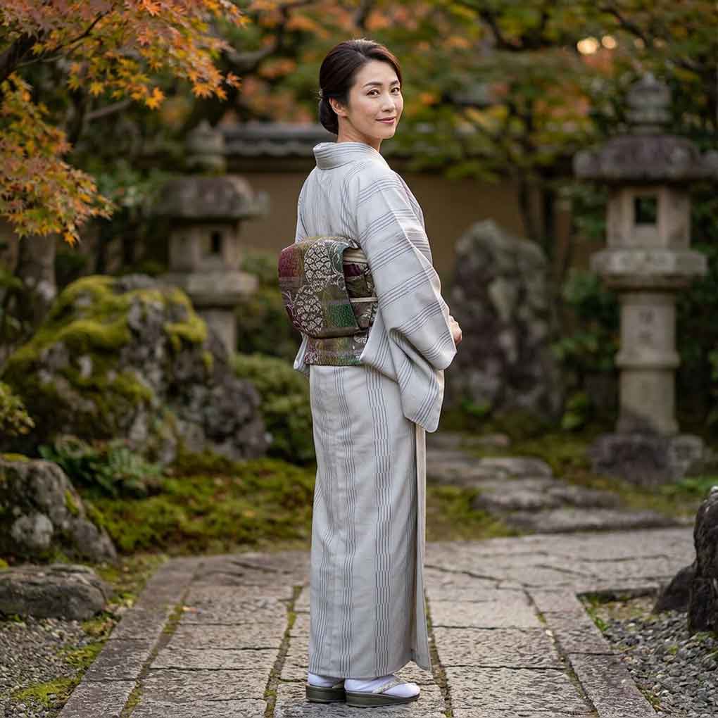紬 リサイクル着物 身丈163cm 裄69cm 前幅23cm 後幅29cm 袖丈49cm 袖幅34cm レディース 袷 縦縞 裄長 裄L-LLサイズ 秋冬春用 正絹(シルク)グレー 未使用品 リメイク リユース【ランクS】