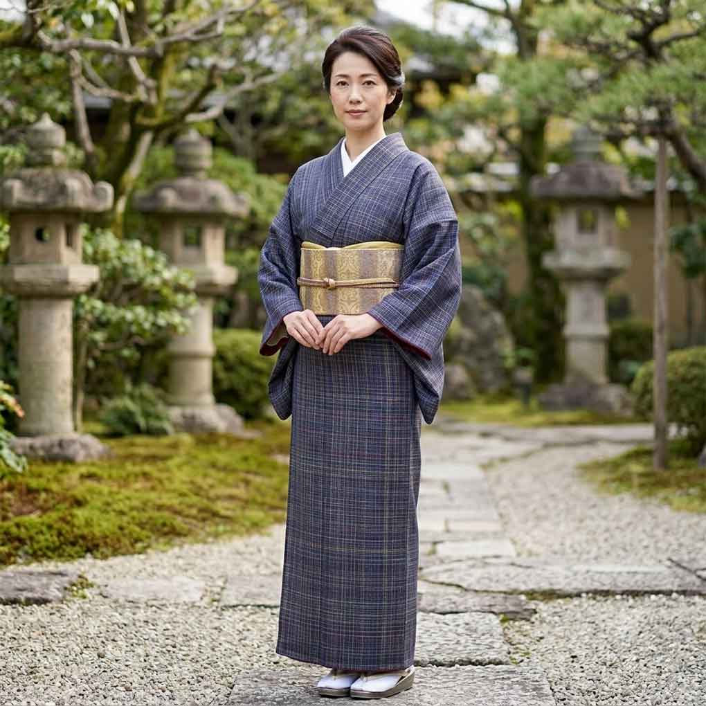 紬 リサイクル着物 身丈159cm 裄65cm 前幅26cm 後幅30.5cm 袖丈49cm 袖幅32cm レディース 袷 格子 裄Mサイズ 秋冬春用 正絹（シルク）ネイビー 美品 リメイク リユース【ランクA】