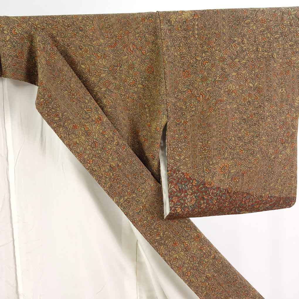 付下 リサイクル着物 身丈158cm 裄65cm 前幅25cm 後幅30cm 袖丈46cm 袖幅33cm レディース 袷 花柄 裄Mサイズ 秋冬春用 正絹（シルク）ブラウン 美品 リメイク リユース【ランクA】