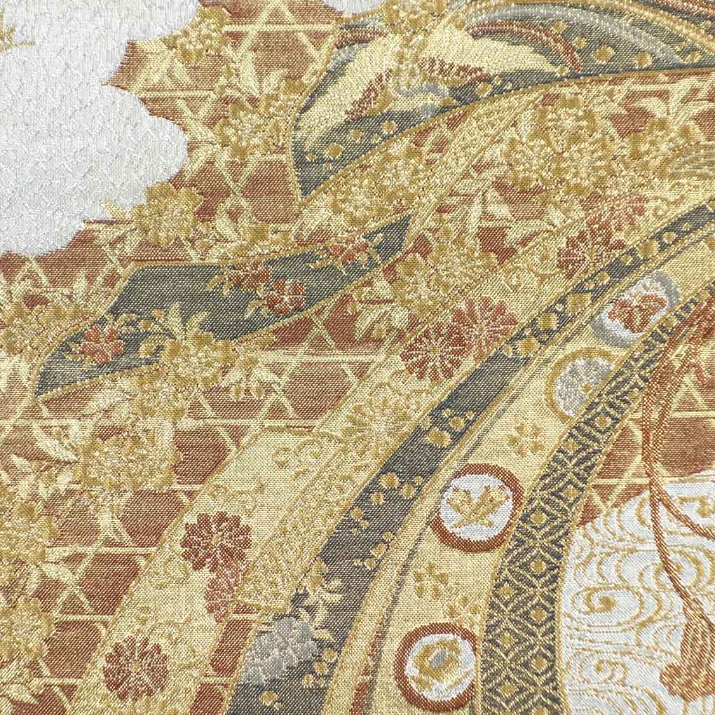 袋帯 リサイクル帯 幅30.5cm 長さ425cm レディース 束ね熨斗 秋冬春用 正絹(シルク)シルバー 美品 リメイク リユース【ランクA】