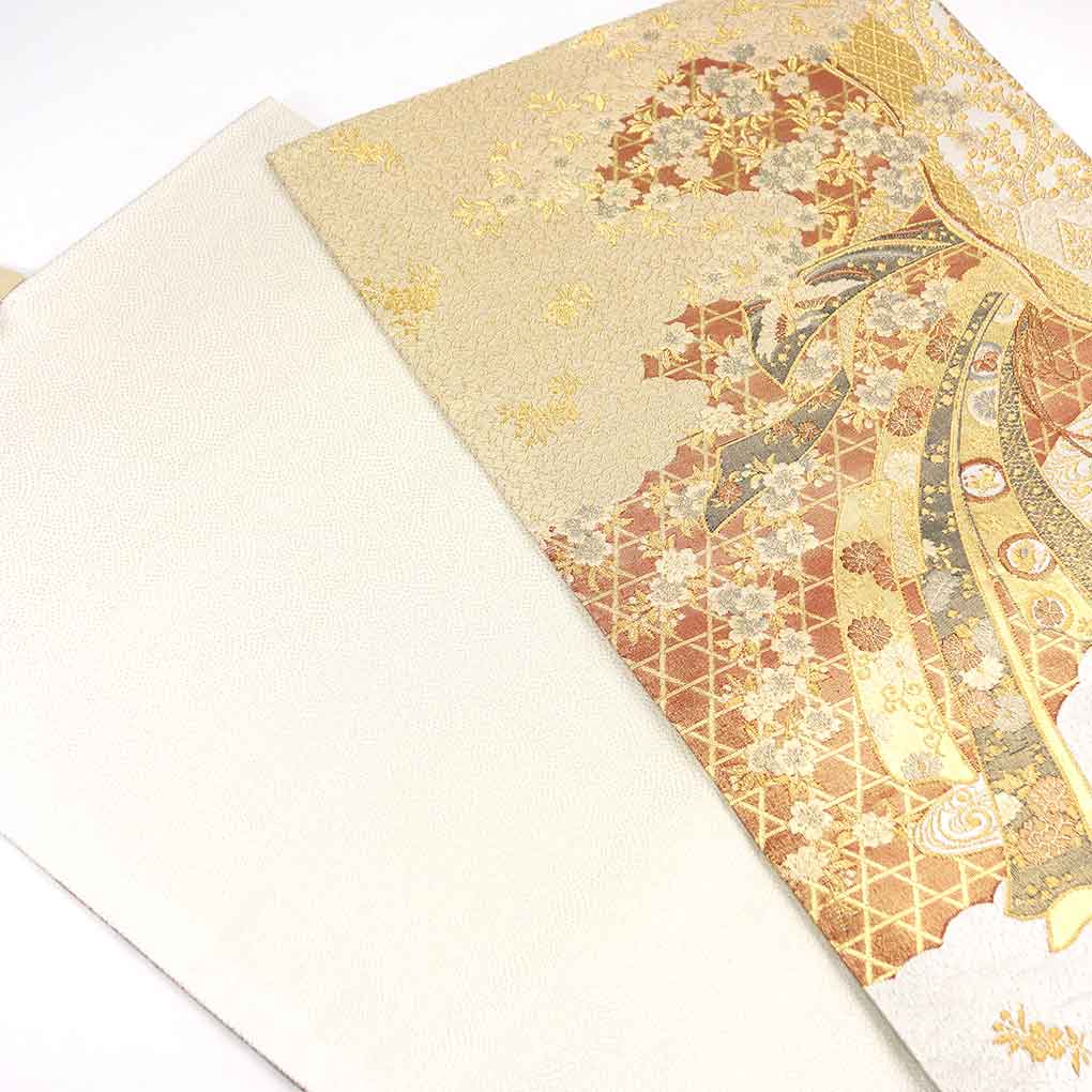 袋帯 リサイクル帯 幅30.5cm 長さ425cm レディース 束ね熨斗 秋冬春用 正絹(シルク)シルバー 美品 リメイク リユース【ランクA】