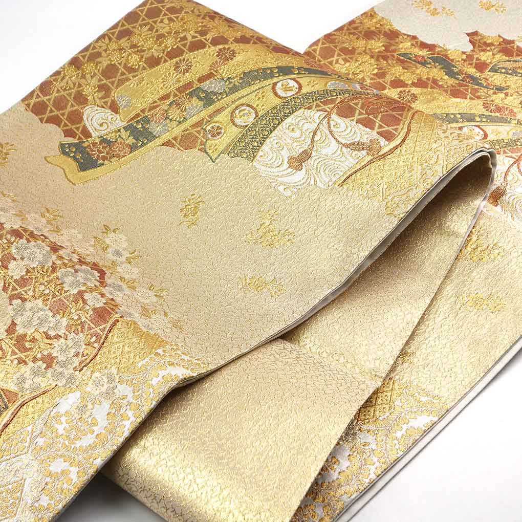 袋帯 リサイクル帯 幅30.5cm 長さ425cm レディース 束ね熨斗 秋冬春用 正絹(シルク)シルバー 美品 リメイク リユース【ランクA】