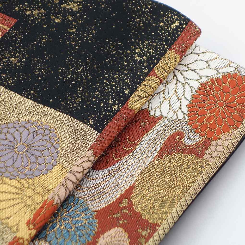 袋帯 リサイクル帯 幅30.5cm 長さ435cm レディース 花柄 秋冬春用 正絹(シルク)ブラック 美品 リメイク リユース【ランクA】
