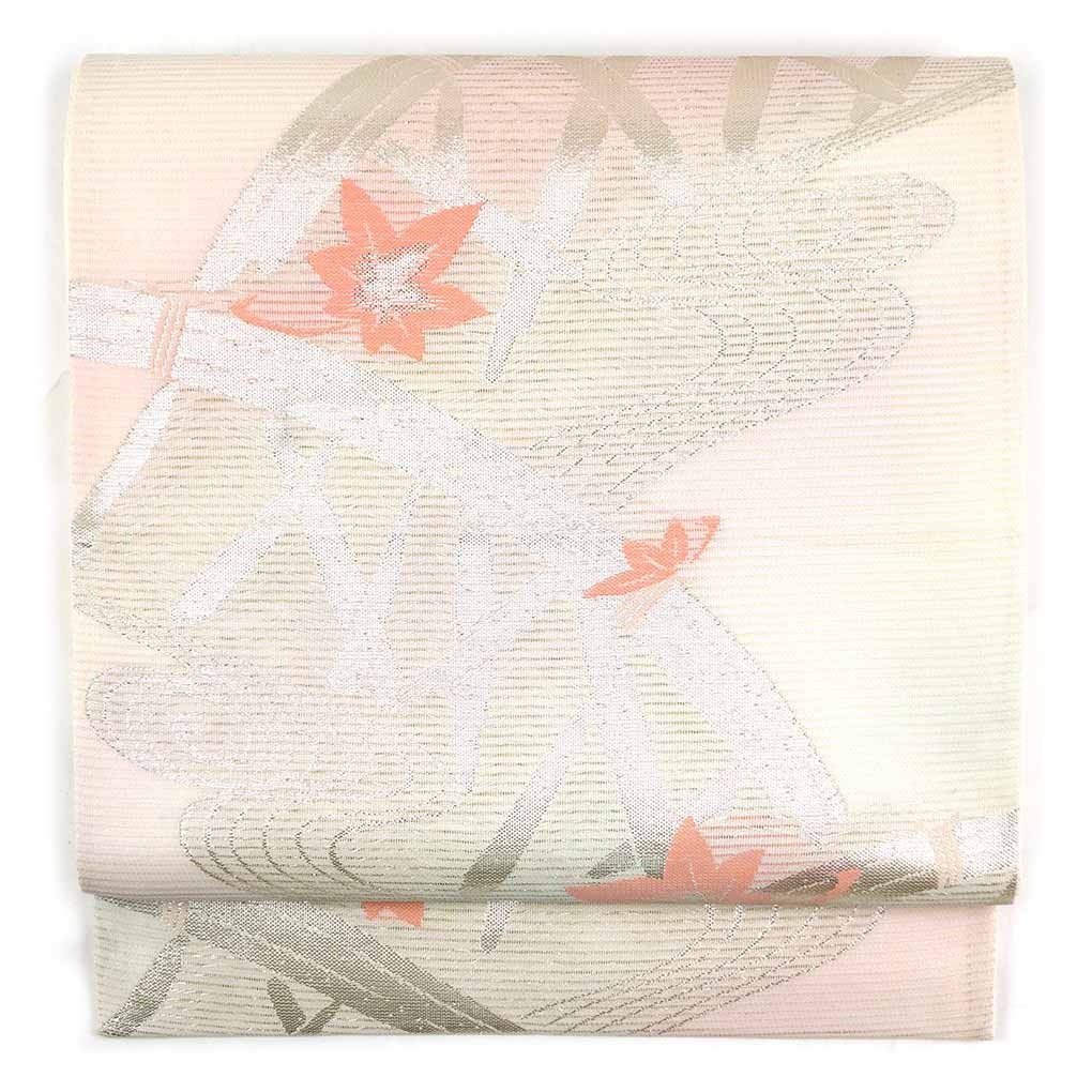 袋帯 リサイクル帯 幅31cm 長さ432cm レディース 竹垣 夏用 正絹（シルク）ホワイト 美品 リメイク リユース【ランクA】