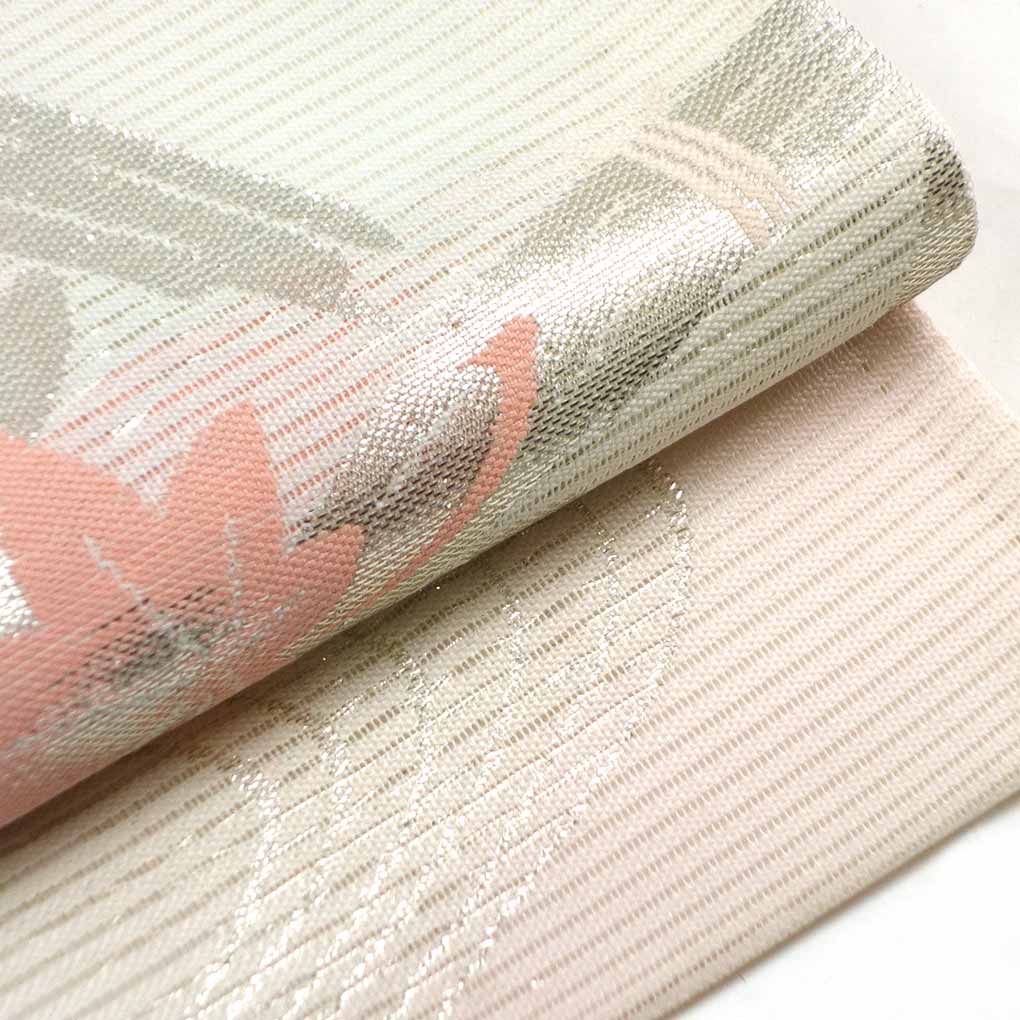 袋帯 リサイクル帯 幅31cm 長さ432cm レディース 竹垣 夏用 正絹（シルク）ホワイト 美品 リメイク リユース【ランクA】