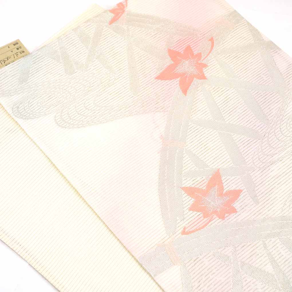 袋帯 リサイクル帯 幅31cm 長さ432cm レディース 竹垣 夏用 正絹（シルク）ホワイト 美品 リメイク リユース【ランクA】