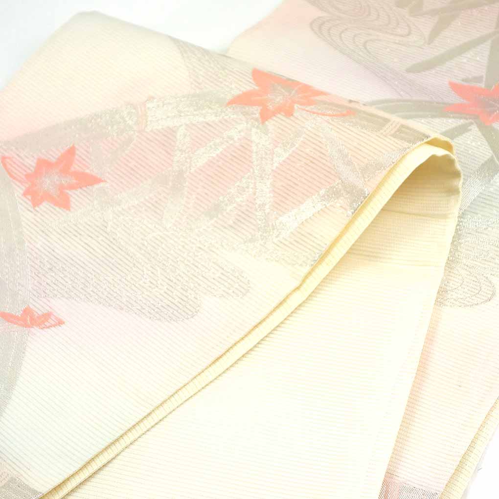 袋帯 リサイクル帯 幅31cm 長さ432cm レディース 竹垣 夏用 正絹（シルク）ホワイト 美品 リメイク リユース【ランクA】