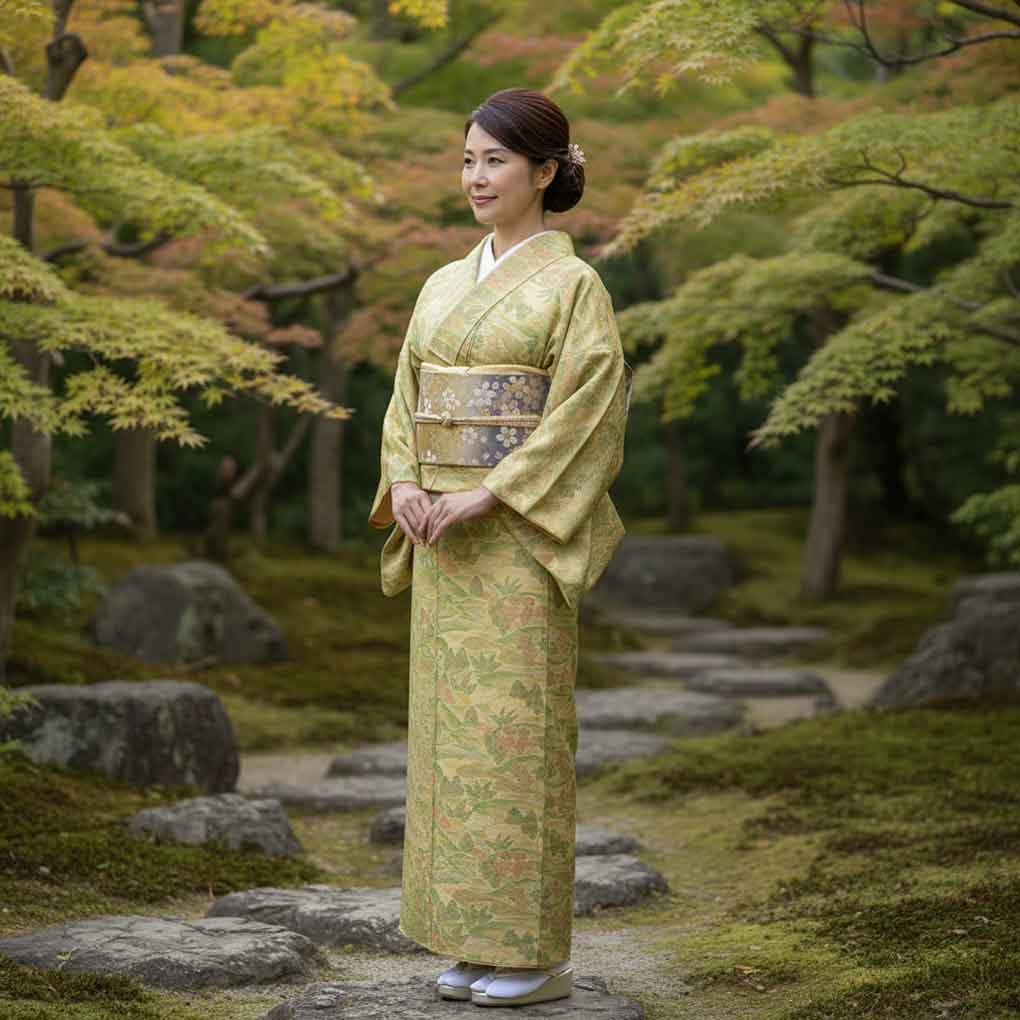 紬 リサイクル着物 身丈153cm 裄62cm 前幅23cm 後幅29cm 袖丈45cm 袖幅32cm レディース 単衣 風景画 裄Sサイズ 初夏・初秋用 正絹(シルク)イエロー 美品 リメイク リユース【ランクA】