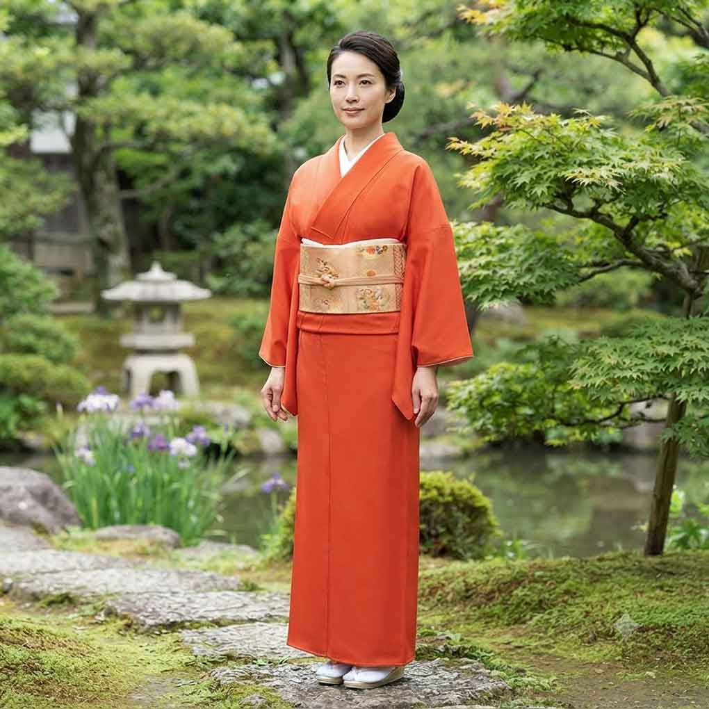 付下 リサイクル着物 身丈163cm 裄66cm 前幅24cm 後幅30cm 袖丈50.5cm 袖幅33.5cm レディース 袷 木の葉 裄長 裄M-Lサイズ 秋冬春用 正絹（シルク）オレンジ 美品 リメイク リユース【ランクA】