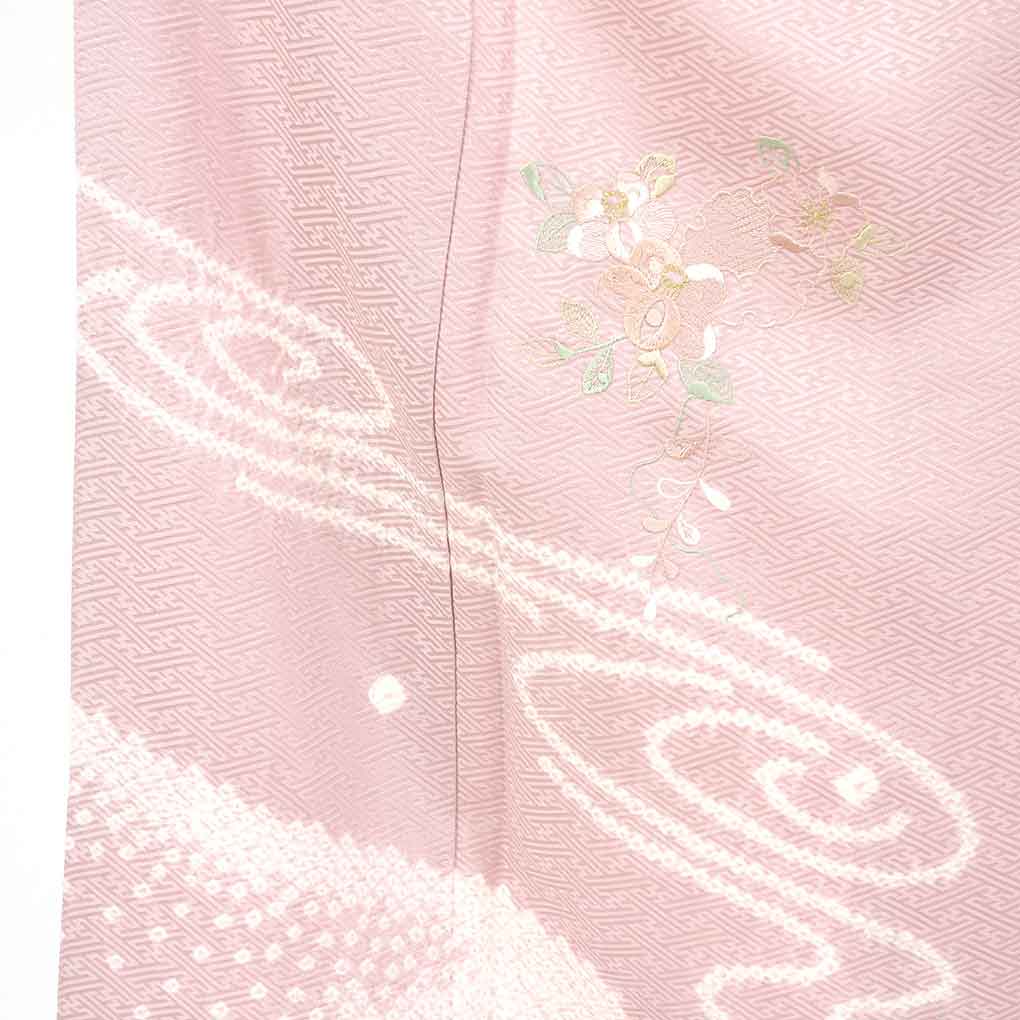 訪問着 リサイクル着物 身丈158cm 裄65cm 前幅23cm 後幅28.5cm 袖丈53cm 袖幅33cm レディース 袷 絞り 裄Mサイズ 秋冬春用 正絹（シルク）ピンク やや難 リメイク リユース【ランクB】