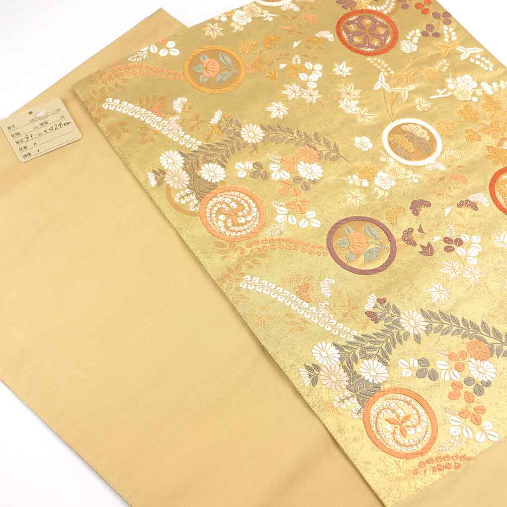 袋帯 リサイクル帯 幅31cm 長さ424cm レディース 家紋 秋冬春用 正絹（シルク）ゴールド 美品 リメイク リユース【ランクA】