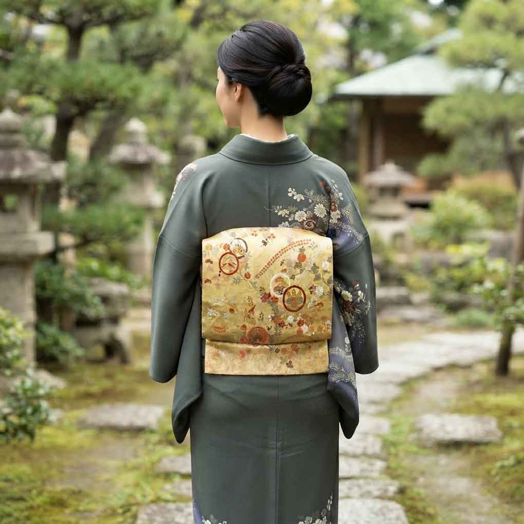 袋帯 リサイクル帯 幅31cm 長さ424cm レディース 家紋 秋冬春用 正絹（シルク）ゴールド 美品 リメイク リユース【ランクA】