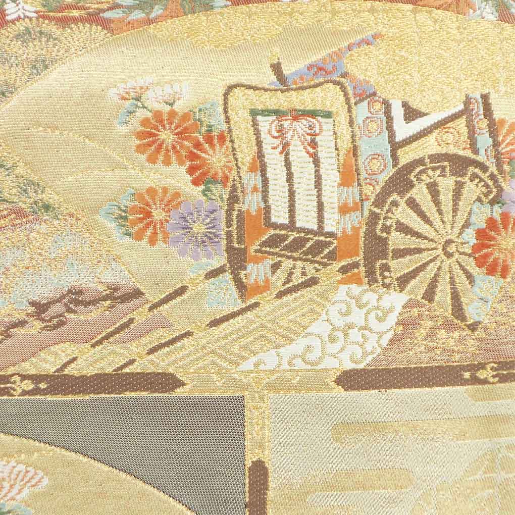 袋帯 リサイクル帯 幅31cm 長さ422cm レディース 扇面 秋冬春用 正絹(シルク)ゴールド 美品 リメイク リユース【ランクA】