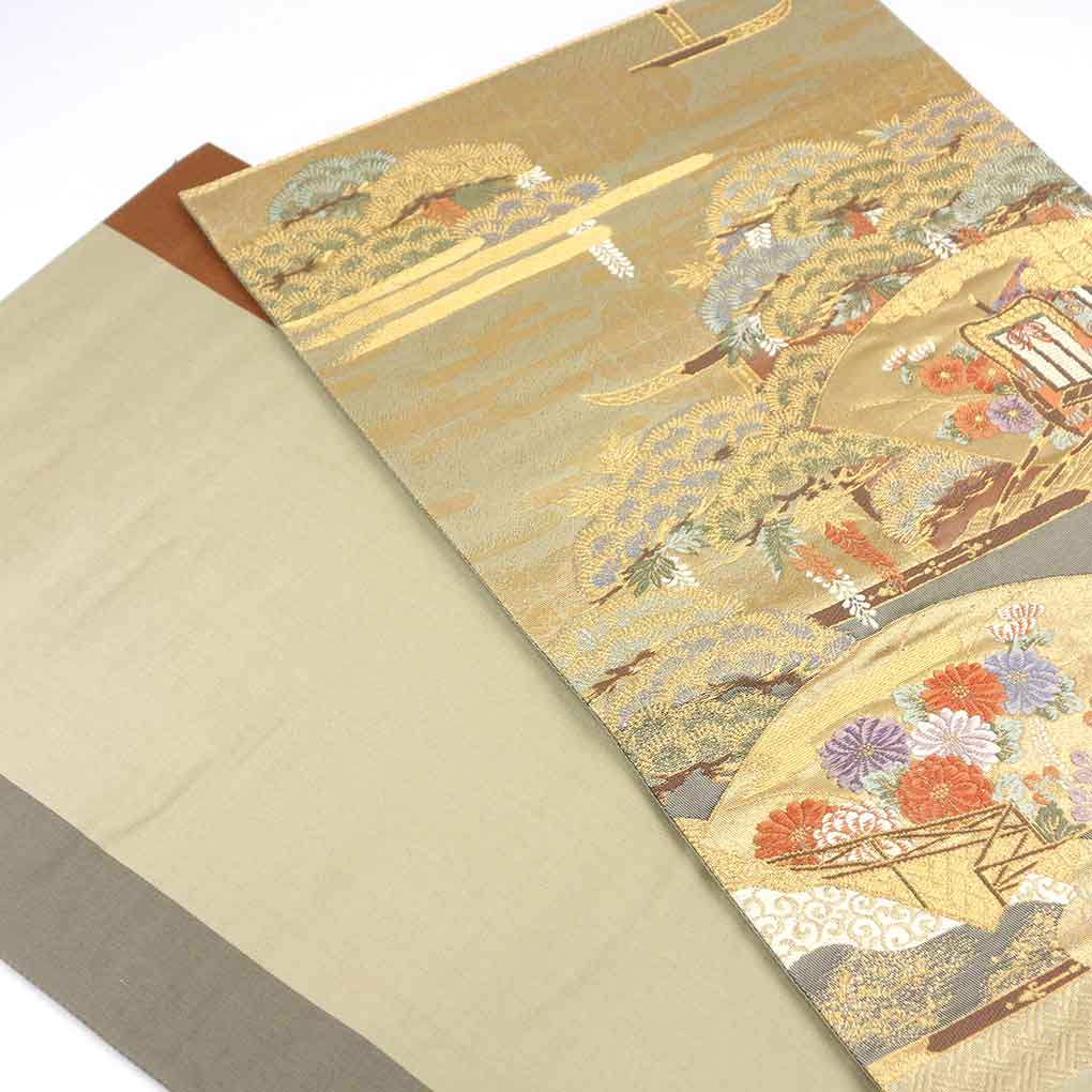 袋帯 リサイクル帯 幅31cm 長さ422cm レディース 扇面 秋冬春用 正絹(シルク)ゴールド 美品 リメイク リユース【ランクA】