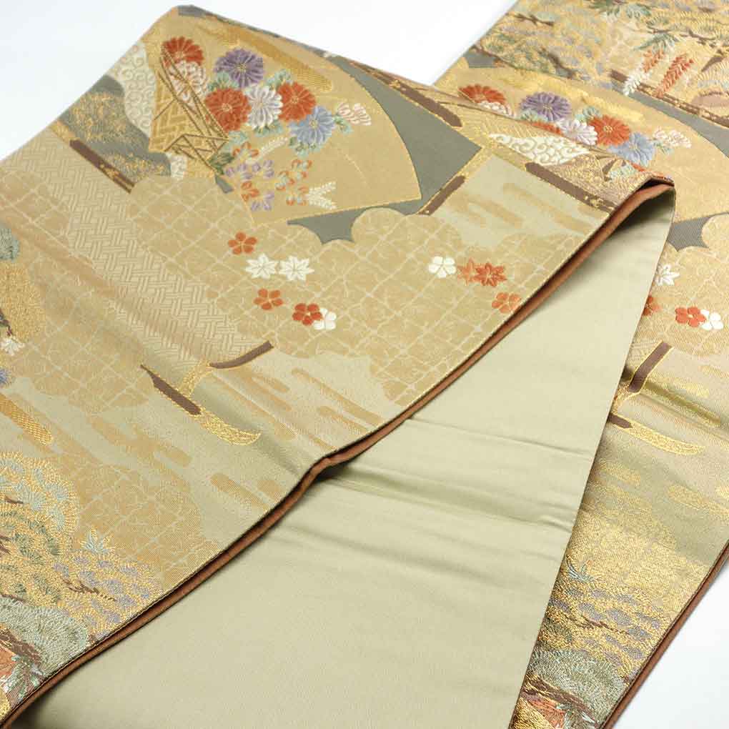 袋帯 リサイクル帯 幅31cm 長さ422cm レディース 扇面 秋冬春用 正絹(シルク)ゴールド 美品 リメイク リユース【ランクA】