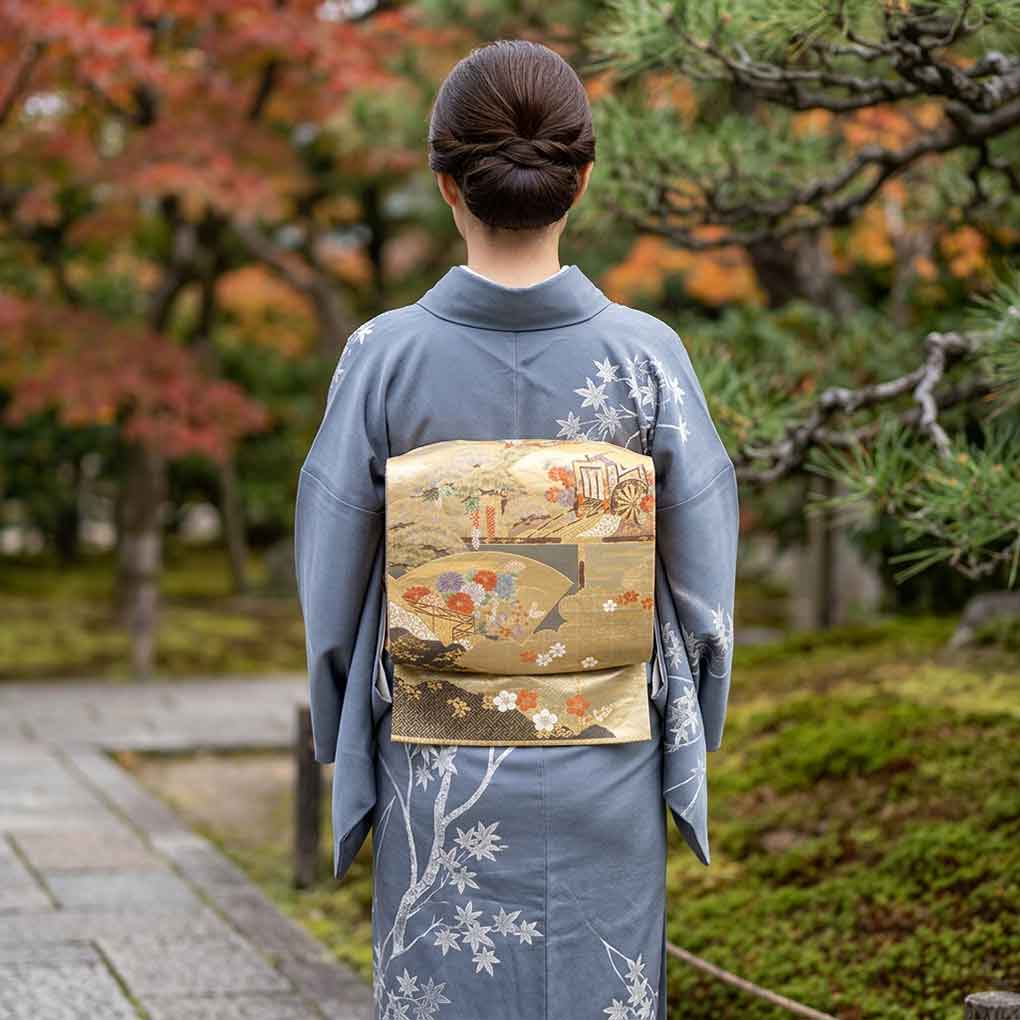 袋帯 リサイクル帯 幅31cm 長さ422cm レディース 扇面 秋冬春用 正絹(シルク)ゴールド 美品 リメイク リユース【ランクA】