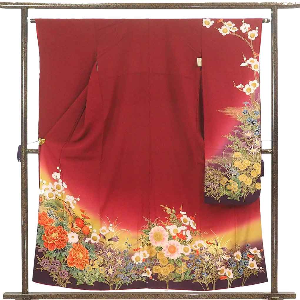 振袖と長襦袢セット リサイクル着物 身丈156cm 裄69cm 前幅23cm 後幅30cm 袖丈106cm 袖幅33cm レディース 袷 花柄 裄長 裄L-LLサイズ 秋冬春用 正絹（シルク）レッド やや難 リメイク リユース【ランクB】