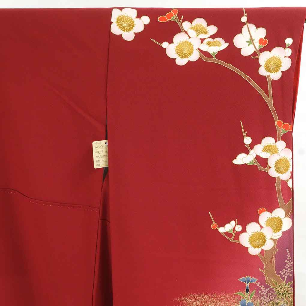 振袖と長襦袢セット リサイクル着物 身丈156cm 裄69cm 前幅23cm 後幅30cm 袖丈106cm 袖幅33cm レディース 袷 花柄 裄長 裄L-LLサイズ 秋冬春用 正絹（シルク）レッド やや難 リメイク リユース【ランクB】