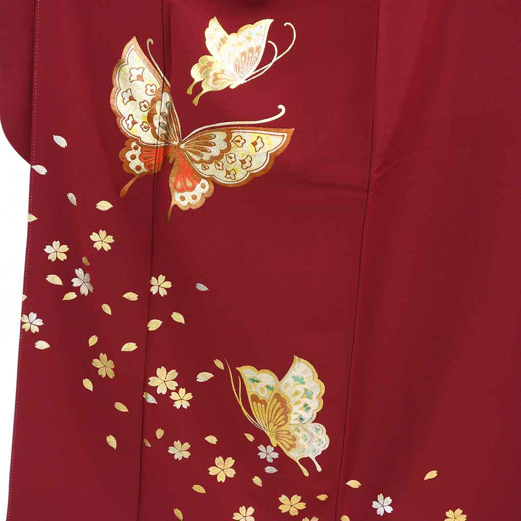 振袖 リサイクル着物 身丈154cm 裄67cm 前幅24cm 後幅29.5cm 袖丈100cm 袖幅34cm レディース 袷 蝶柄 裄長 裄Lサイズ 秋冬春用 正絹(シルク)レッド 美品 リメイク リユース【ランクA】