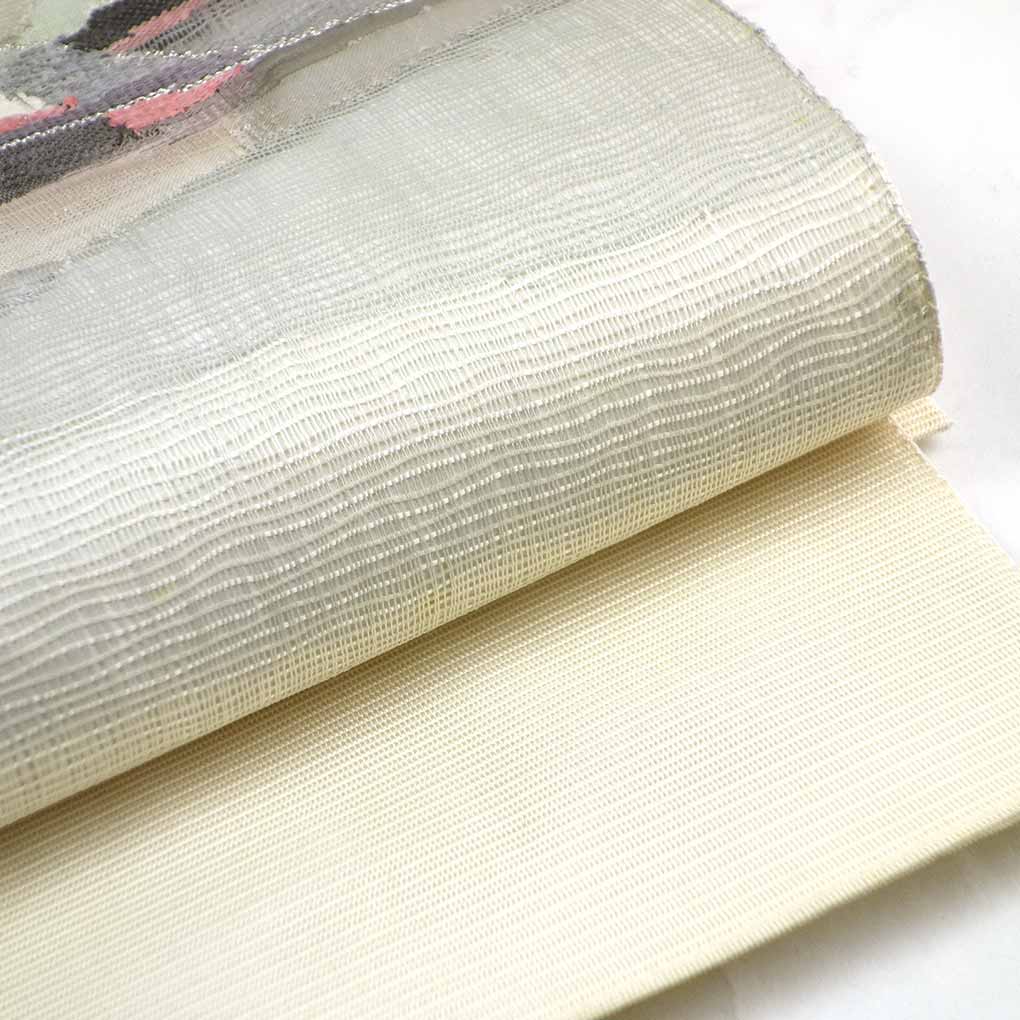 袋帯 リサイクル帯 幅31cm 長さ448cm レディース 抽象柄 夏用 正絹（シルク）ホワイト やや難 リメイク リユース【ランクB】