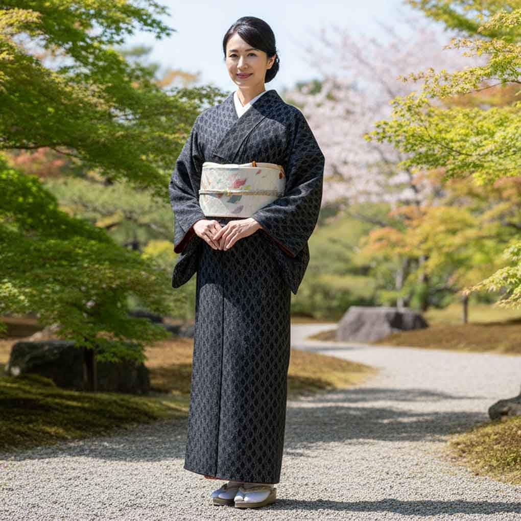 紬 リサイクル着物 身丈150cm 裄63cm 前幅21cm 後幅28cm 袖丈45cm 袖幅32cm レディース 袷 連続模様 裄Mサイズ 秋冬春用 正絹(シルク)ブラック 美品 リメイク リユース【ランクA】