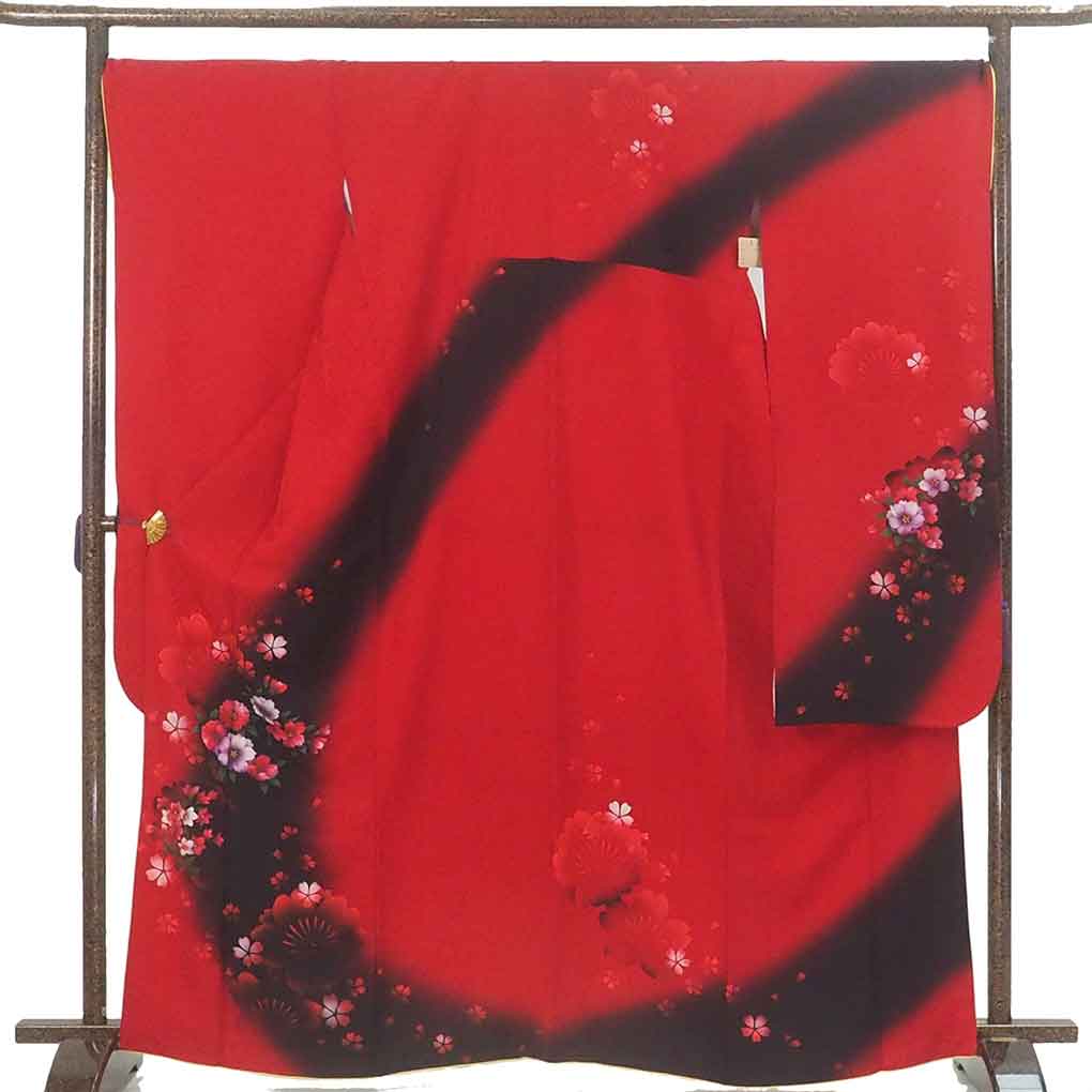 振袖 リサイクル着物 身丈167cm 裄70cm 前幅24.5cm 後幅30.5cm 袖丈108cm 袖幅36cm レディース 袷 桜 裄長 裄L-LLサイズ 秋冬春用 ポリエステル レッド トールサイズ 美品 リメイク リユース【ランクA】