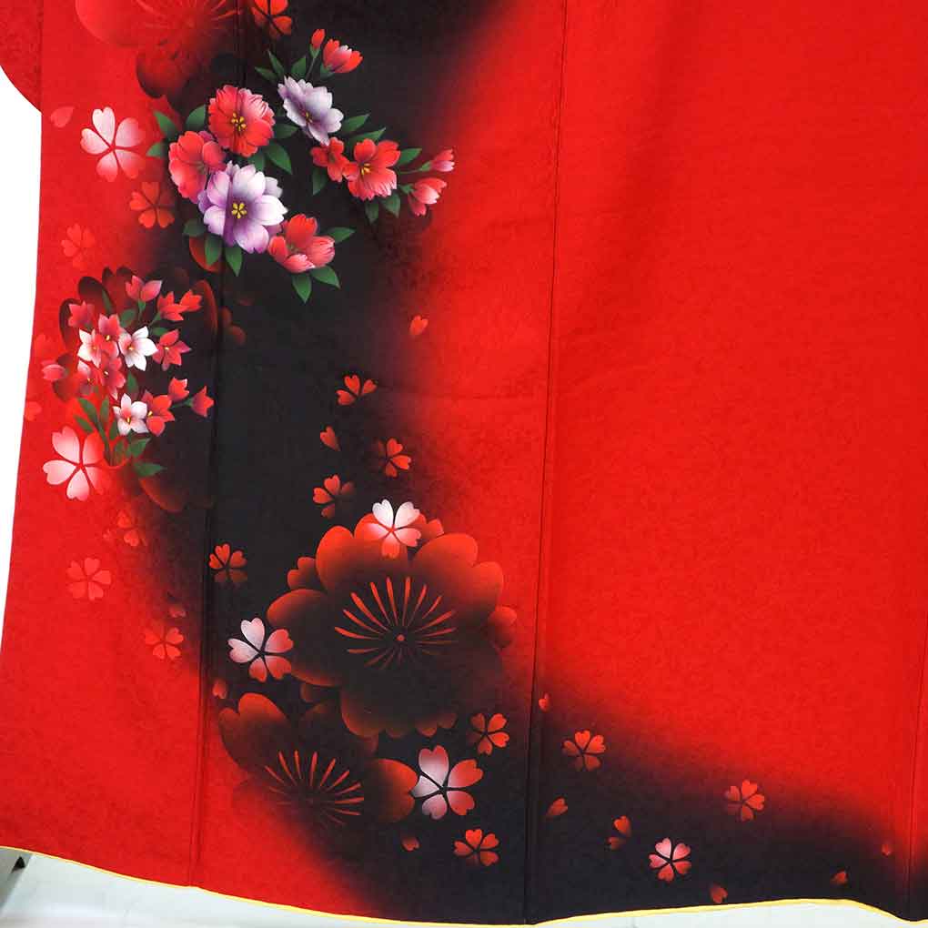振袖 リサイクル着物 身丈167cm 裄70cm 前幅24.5cm 後幅30.5cm 袖丈108cm 袖幅36cm レディース 袷 桜 裄長 裄L-LLサイズ 秋冬春用 ポリエステル レッド トールサイズ 美品 リメイク リユース【ランクA】