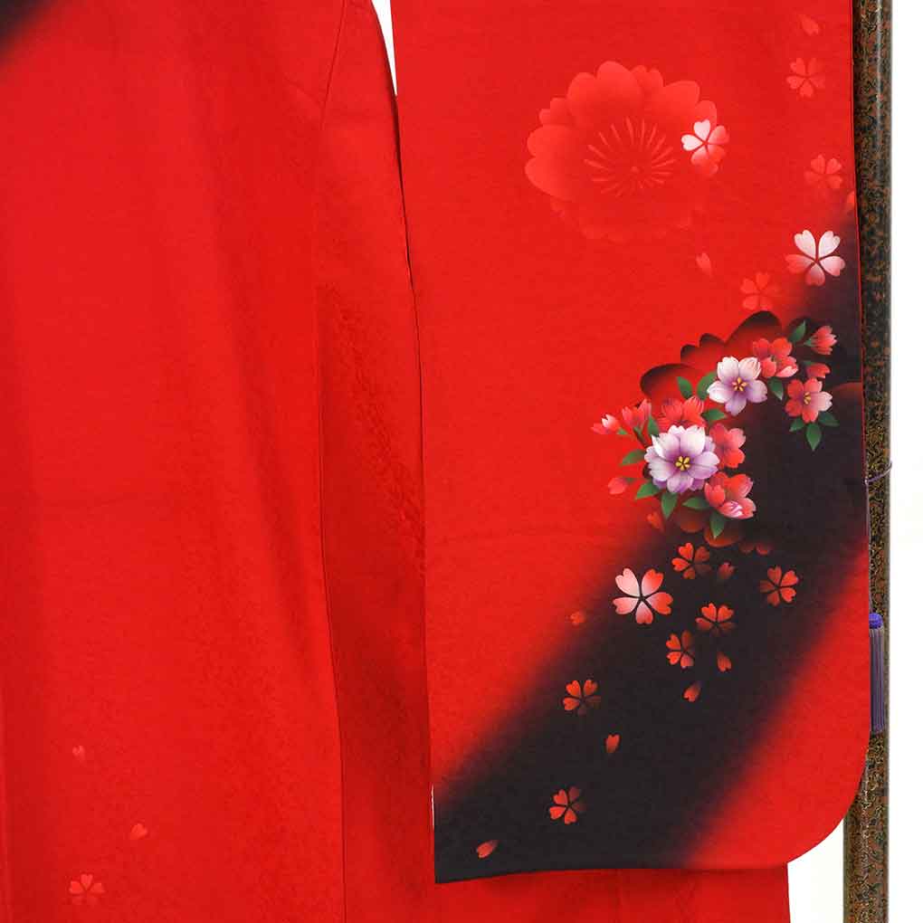 振袖 リサイクル着物 身丈167cm 裄70cm 前幅24.5cm 後幅30.5cm 袖丈108cm 袖幅36cm レディース 袷 桜 裄長 裄L-LLサイズ 秋冬春用 ポリエステル レッド トールサイズ 美品 リメイク リユース【ランクA】
