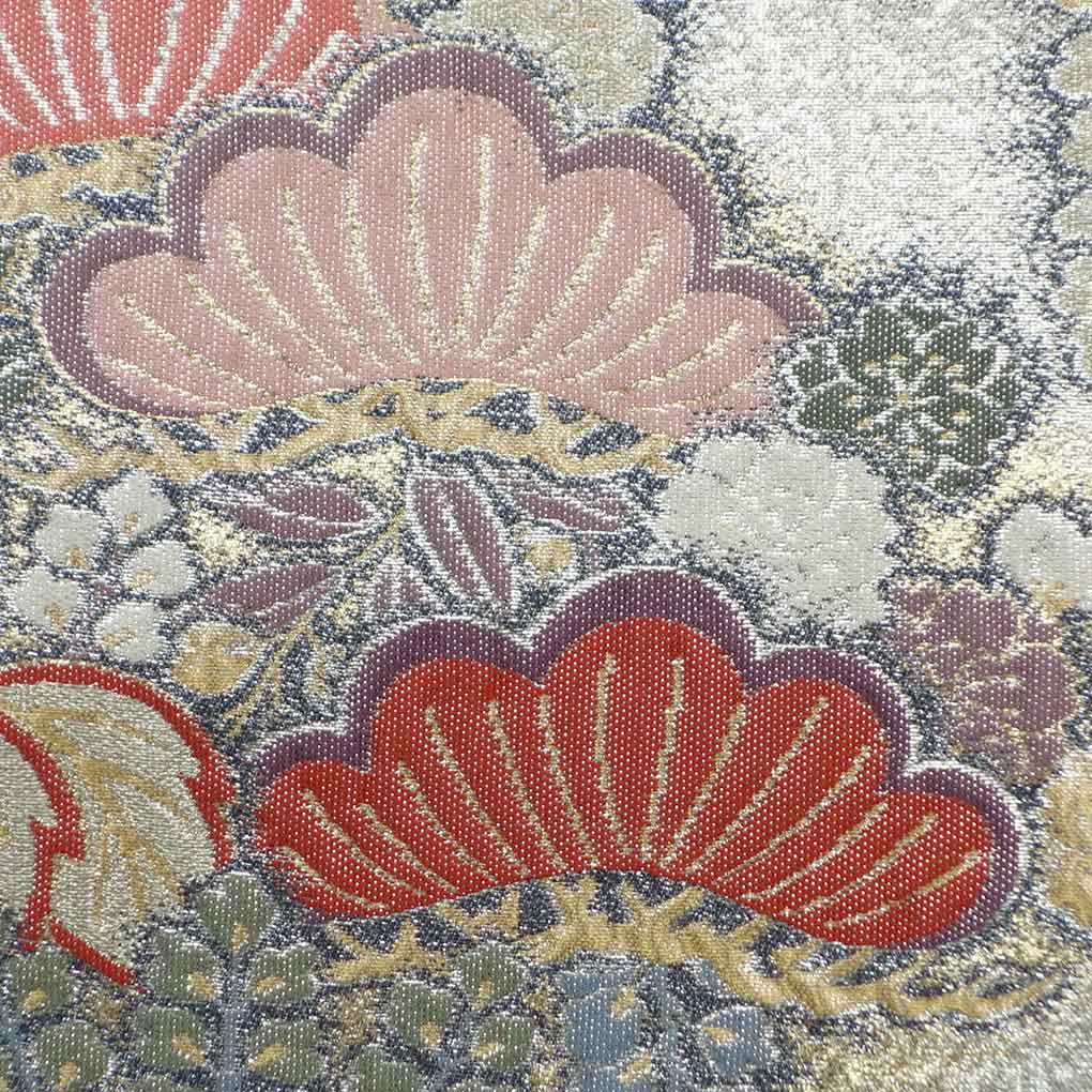 袋帯 リサイクル帯 幅30.5cm 長さ447cm レディース 花柄 秋冬春用 正絹(シルク)シルバー 美品 リメイク リユース【ランクA】