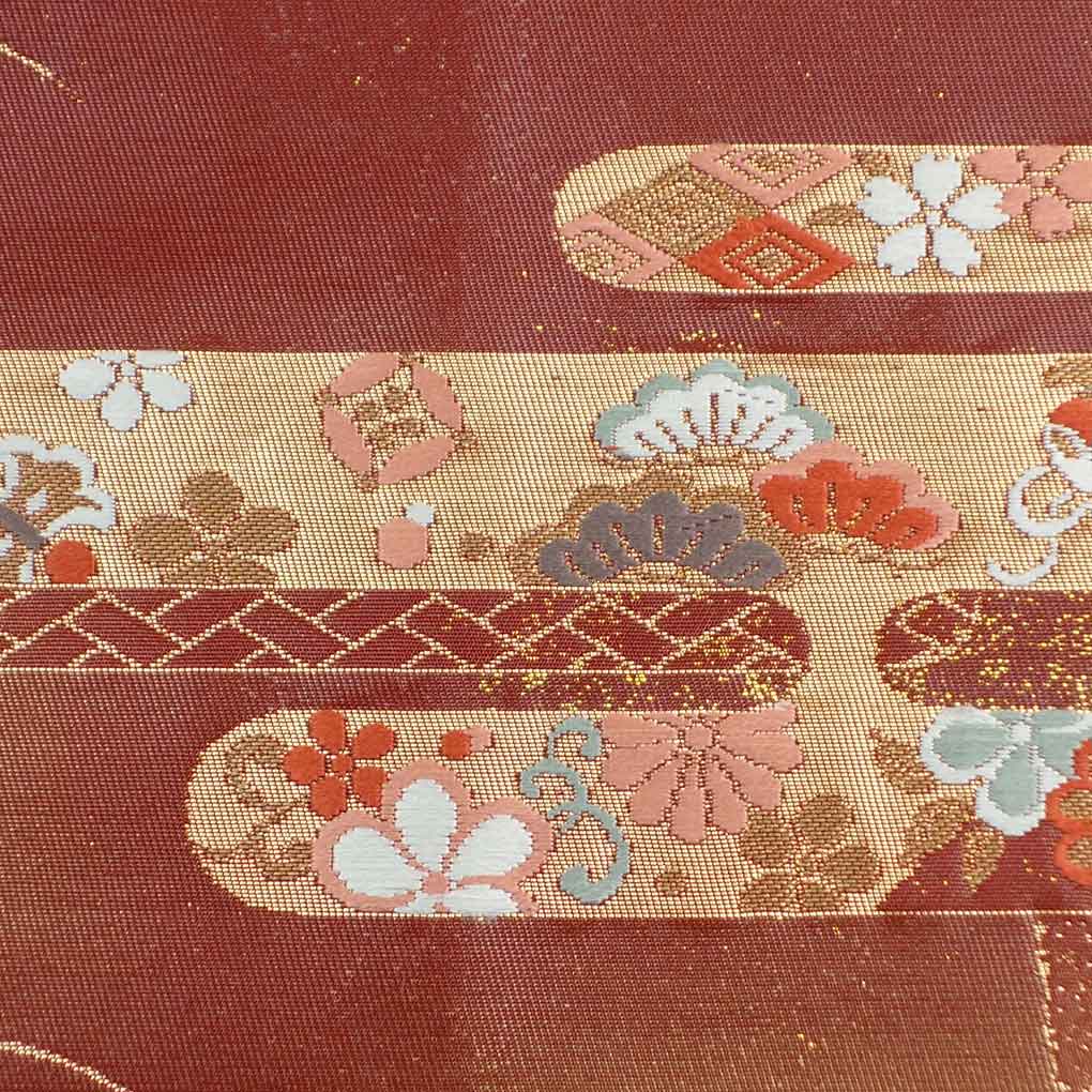 名古屋帯 リサイクル帯 幅30cm 長さ360cm レディース 霞 秋冬春用 正絹（シルク）レッド 美品 リメイク リユース【ランクA】