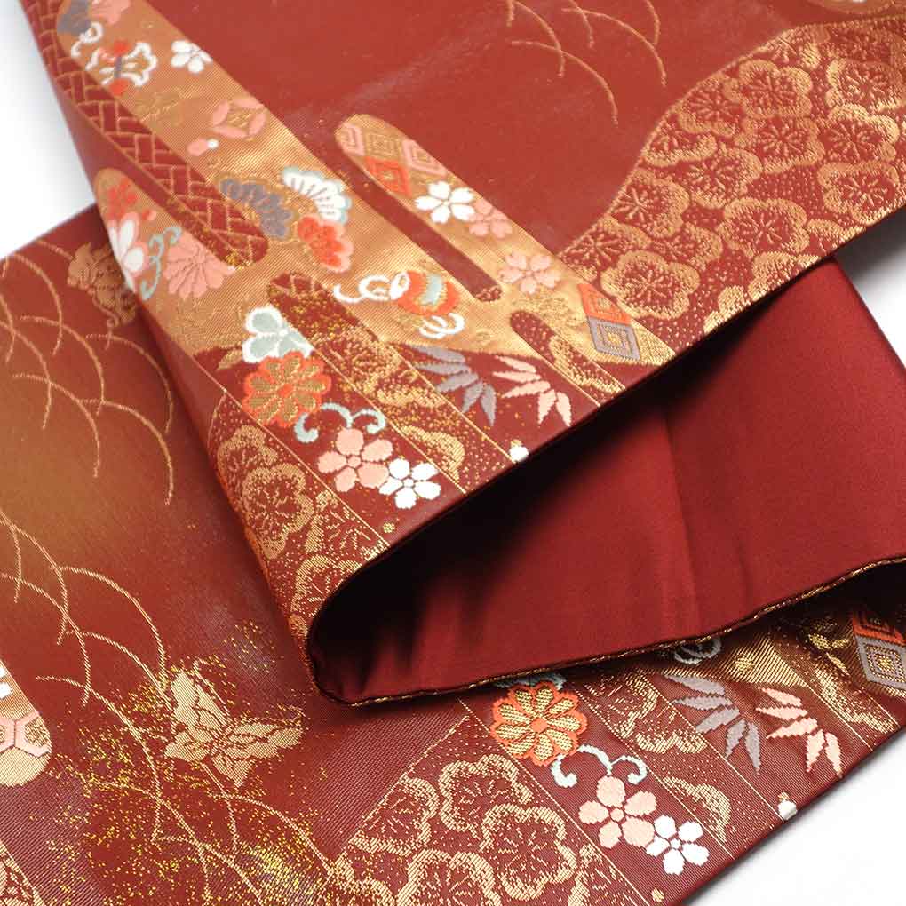 名古屋帯 リサイクル帯 幅30cm 長さ360cm レディース 霞 秋冬春用 正絹（シルク）レッド 美品 リメイク リユース【ランクA】