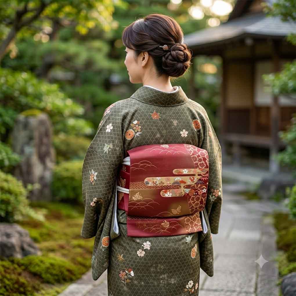 名古屋帯 リサイクル帯 幅30cm 長さ360cm レディース 霞 秋冬春用 正絹（シルク）レッド 美品 リメイク リユース【ランクA】