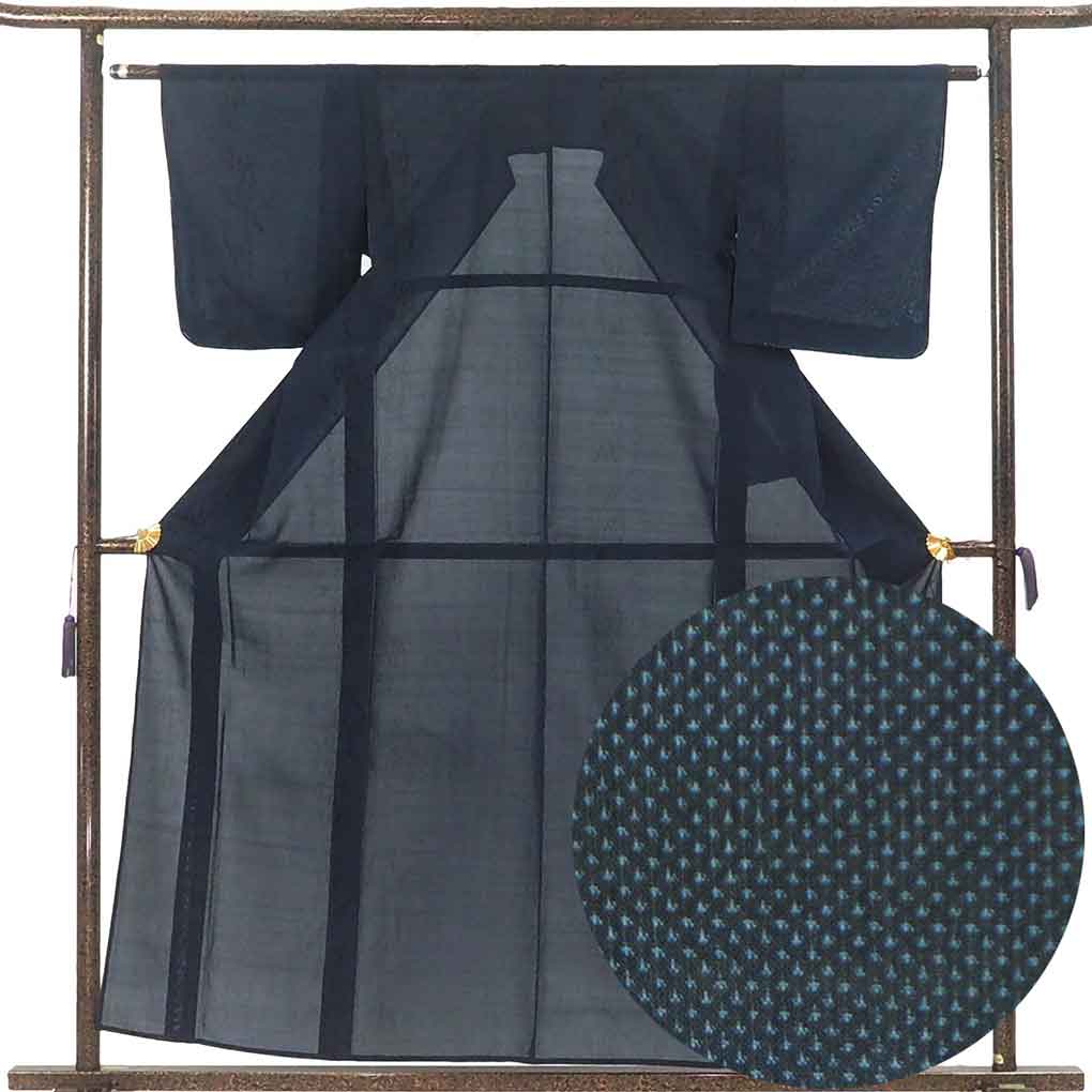 紬 リサイクル着物 身丈157cm 裄61cm 前幅24cm 後幅29cm 袖丈47cm 袖幅30.5cm レディース 植物 裄Sサイズ 夏用 正絹（シルク）ネイビー やや難 リメイク リユース【ランクB】