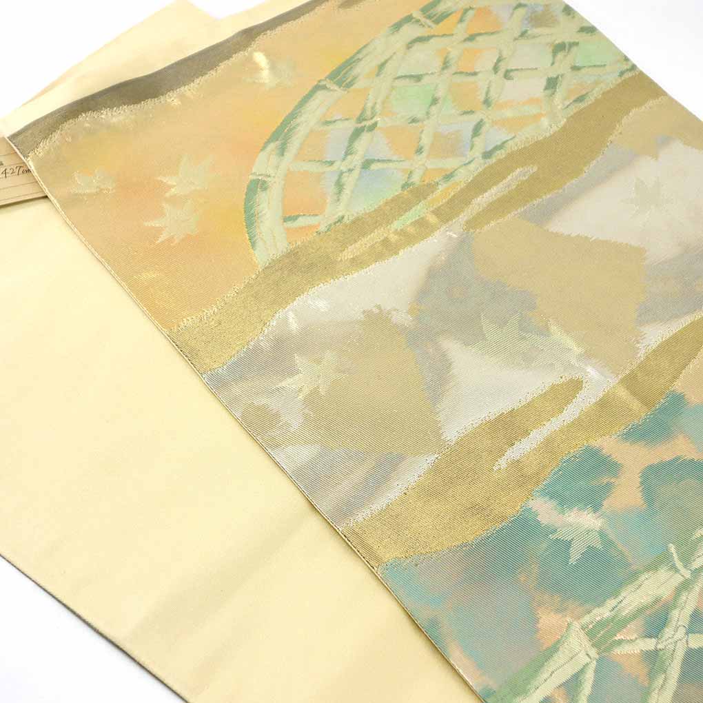 袋帯 リサイクル帯 幅30.5cm 長さ427cm レディース 竹垣 秋冬春用 正絹(シルク)ゴールド 美品 リメイク リユース【ランクA】