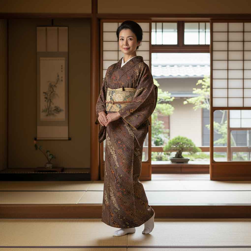 小紋 リサイクル着物 身丈165cm 裄70cm 前幅25cm 後幅30.5cm 袖丈49cm 袖幅36cm レディース 袷 花柄 裄長 裄L-LLサイズ 秋冬春用 正絹（シルク）ブラウン トールサイズ 美品 リメイク リユース【ランクA】