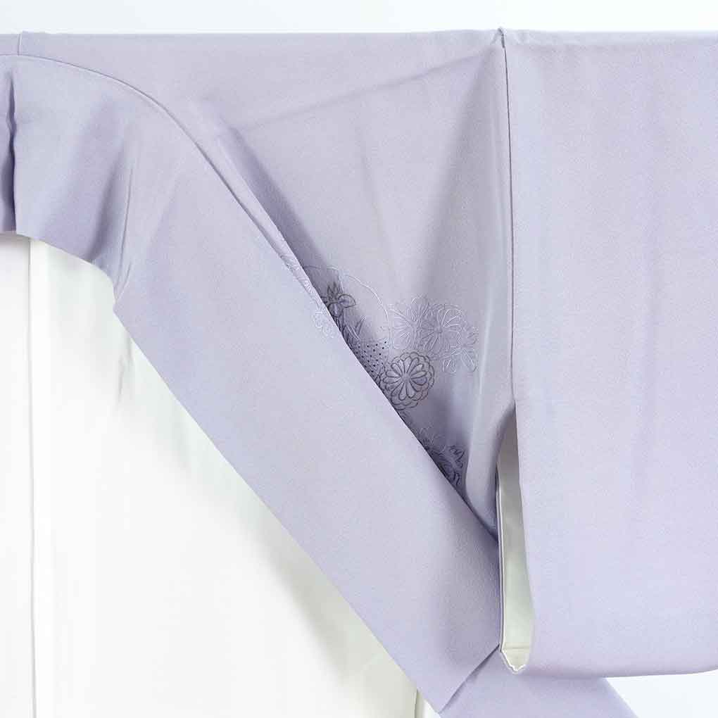 訪問着 リサイクル着物 身丈153cm 裄64cm 前幅25cm 後幅29cm 袖丈44cm 袖幅33cm レディース 袷 刺繍 裄Mサイズ 秋冬春用 正絹（シルク）パープル やや難 リメイク リユース【ランクB】