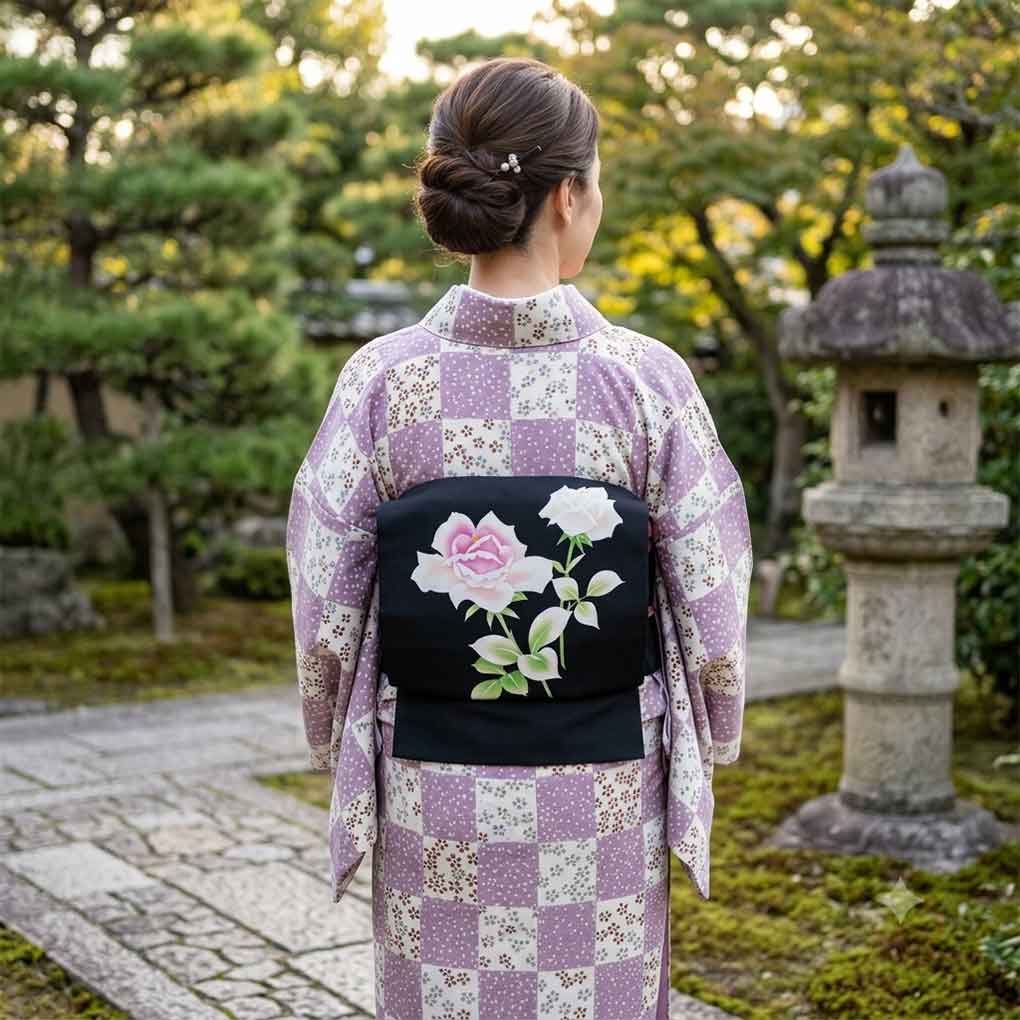 名古屋帯 リサイクル帯 幅30cm 長さ365cm レディース 薔薇柄 秋冬春用 正絹（シルク）ブラック やや難 塩瀬 リメイク リユース【ランクB】