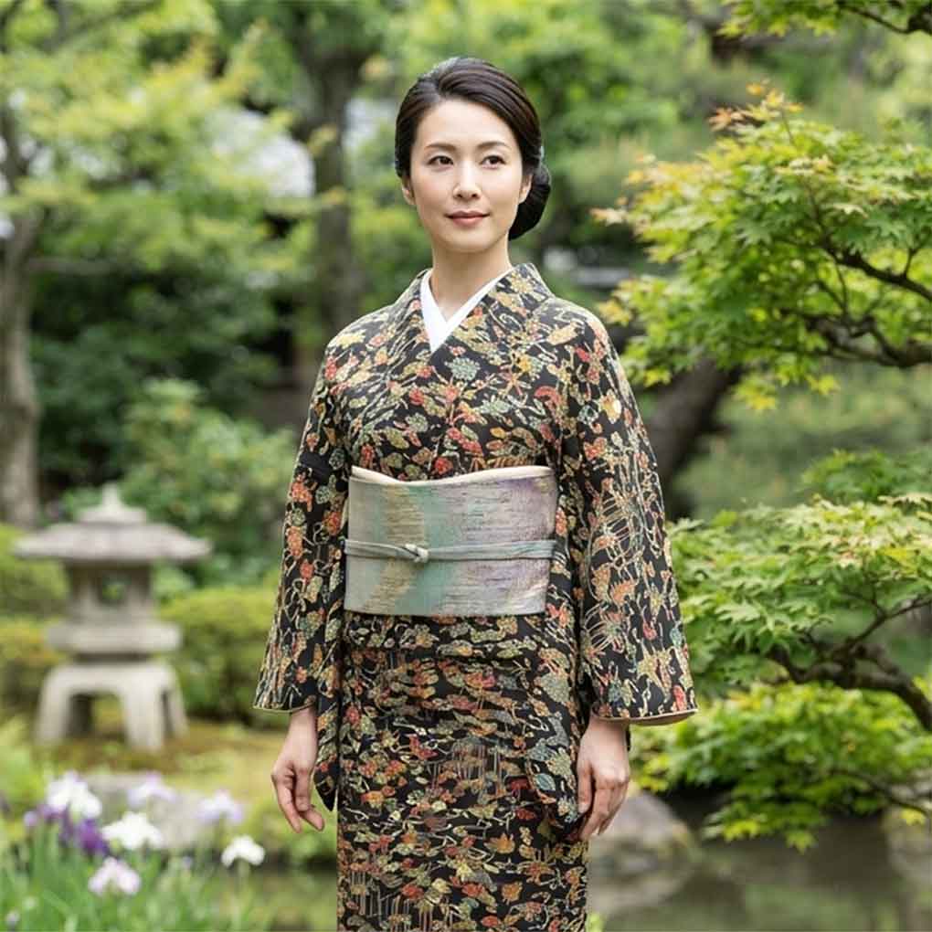 小紋 リサイクル着物 身丈160cm 裄65cm 前幅24cm 後幅30cm 袖丈47cm 袖幅33cm レディース 袷 花柄 裄Mサイズ 秋冬春用 正絹（シルク）ネイビー 美品 リメイク リユース【ランクA】