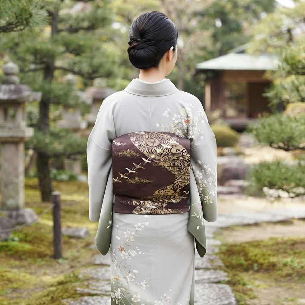 袋帯 リサイクル帯 幅30.5cm 長さ432cm レディース 鶴 秋冬春用 正絹（シルク）ブラウン 美品 リメイク リユース【ランクA】
