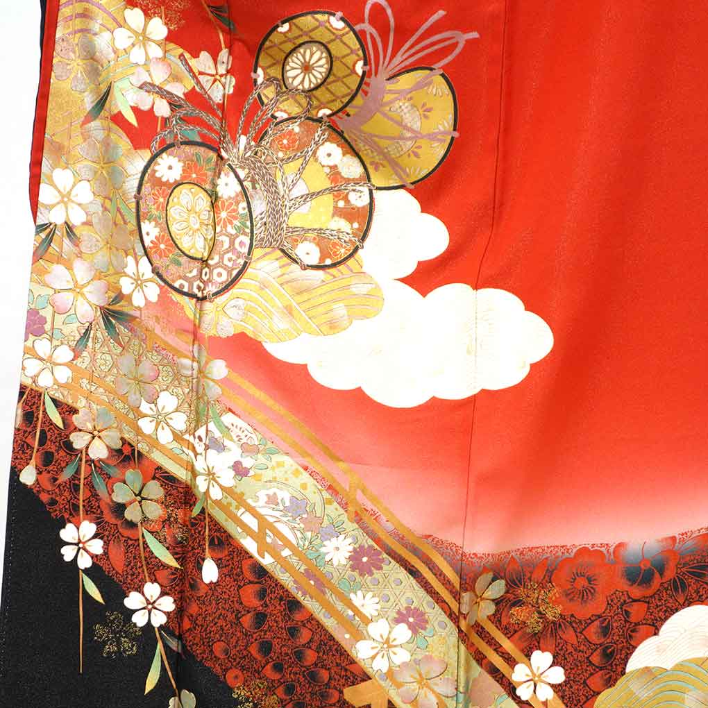 振袖 リサイクル着物 身丈157cm 裄69cm 前幅24cm 後幅29cm 袖丈107cm 袖幅34cm レディース 袷 椿 裄長 裄L-LLサイズ 秋冬春用 正絹（シルク）レッド 美品 リメイク リユース【ランクA】