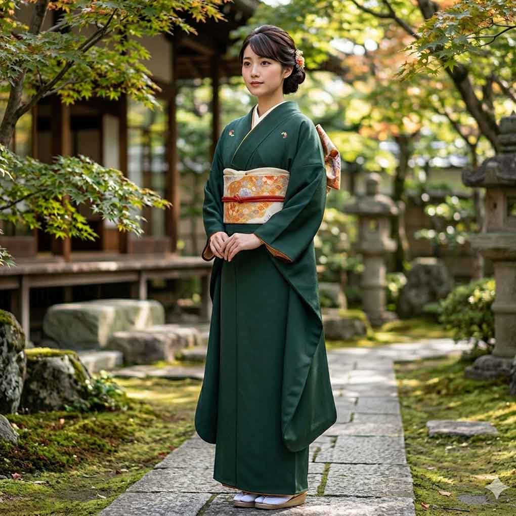 振袖 リサイクル着物 身丈167cm 裄70cm 前幅25cm 後幅29cm 袖丈111cm 袖幅35cm レディース 袷 無地 裄長 裄L-LLサイズ 秋冬春用 正絹（シルク）グリーン トールサイズ 美品 リメイク リユース【ランクA】
