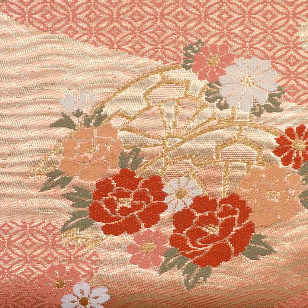 名古屋帯 リサイクル帯 幅31cm 長さ356cm レディース 花柄 秋冬春用 正絹（シルク）オレンジ 美品 リメイク リユース【ランクA】