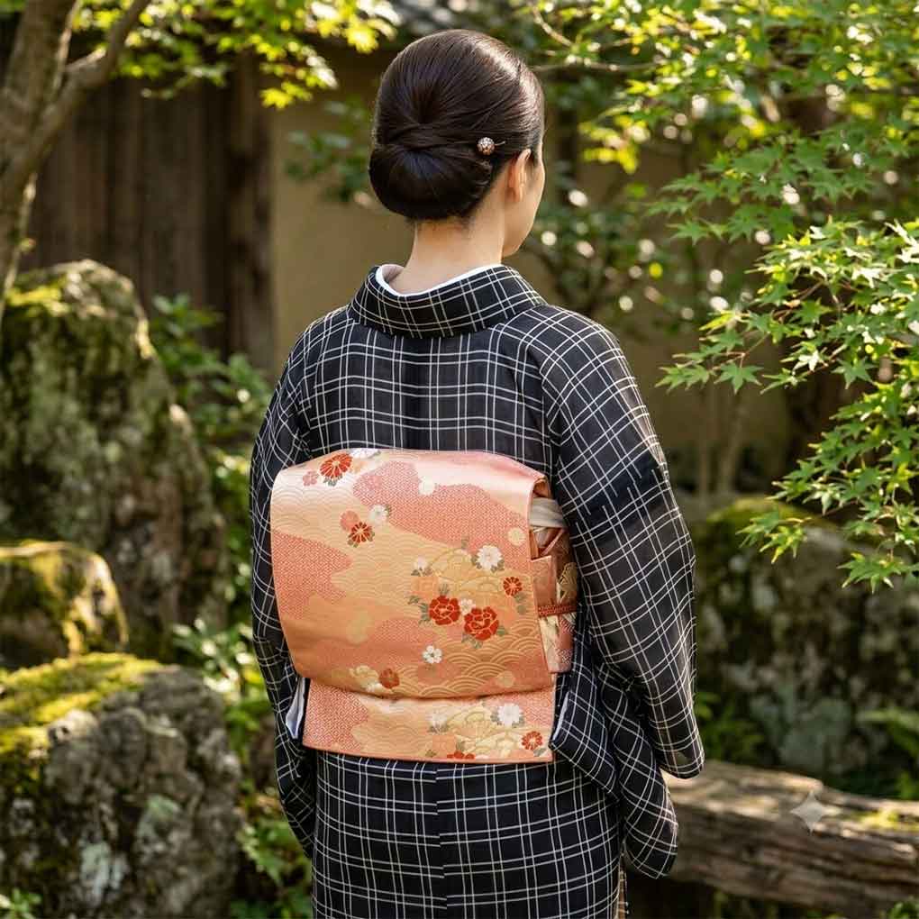 名古屋帯 リサイクル帯 幅31cm 長さ356cm レディース 花柄 秋冬春用 正絹（シルク）オレンジ 美品 リメイク リユース【ランクA】