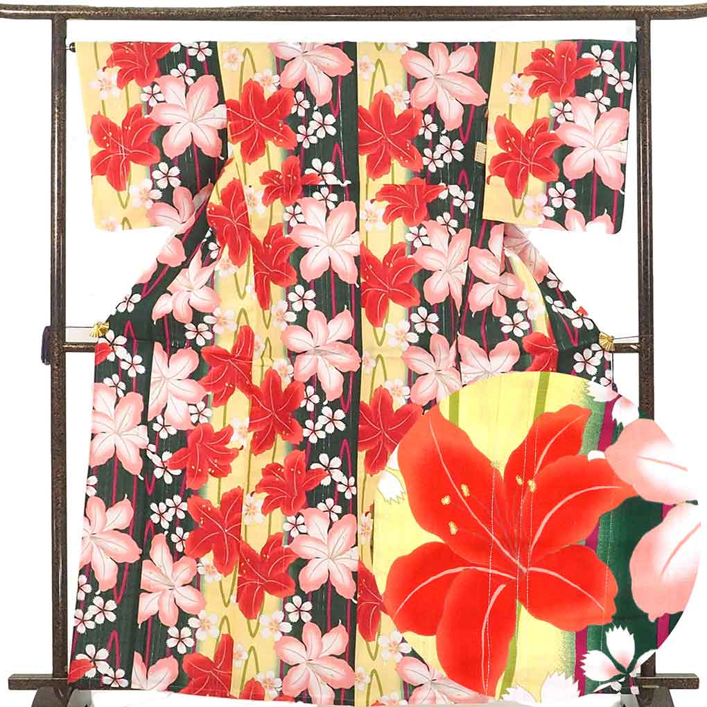 浴衣 リサイクル着物 身丈165cm 裄68cm 前幅24cm 後幅30cm 袖丈49cm 袖幅34cm レディース 百合柄 裄長 裄Lサイズ 夏用 木綿 グリーン トールサイズ 未使用品 リメイク リユース【ランクS】
