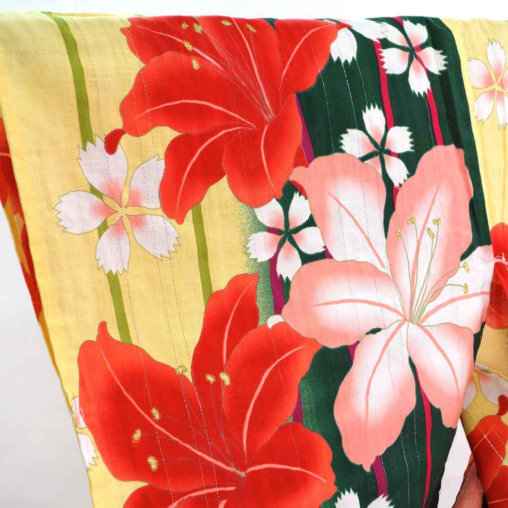 浴衣 リサイクル着物 身丈165cm 裄68cm 前幅24cm 後幅30cm 袖丈49cm 袖幅34cm レディース 百合柄 裄長 裄Lサイズ 夏用 木綿 グリーン トールサイズ 未使用品 リメイク リユース【ランクS】