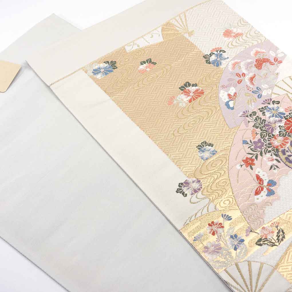 袋帯 リサイクル帯 幅31cm 長さ450cm レディース 扇面 秋冬春用 正絹（シルク）グレー 美品 リメイク リユース【ランクA】