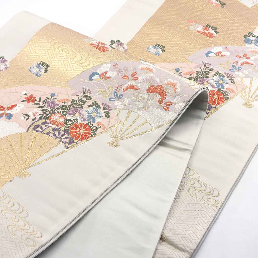 袋帯 リサイクル帯 幅31cm 長さ450cm レディース 扇面 秋冬春用 正絹（シルク）グレー 美品 リメイク リユース【ランクA】